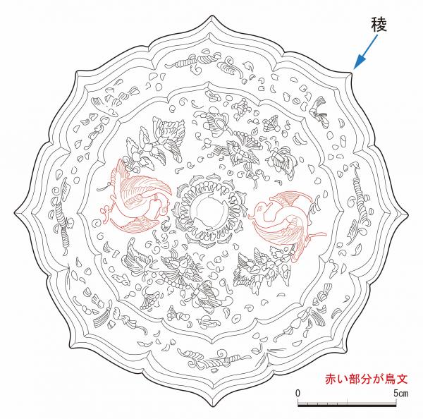 瑞花双鳥八稜鏡背面図